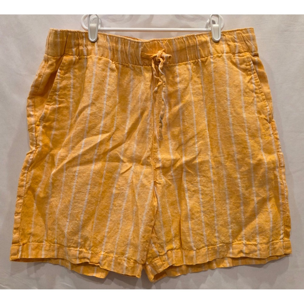 Lands End Wom Large Orange White Striped Linen Shorts High Rise Elastic Waist